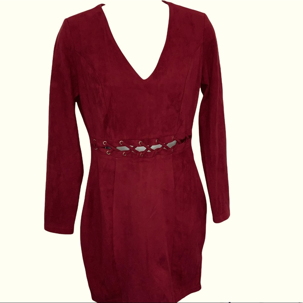 Fashion Nova Elly Suede Burgundy Dress NWT
